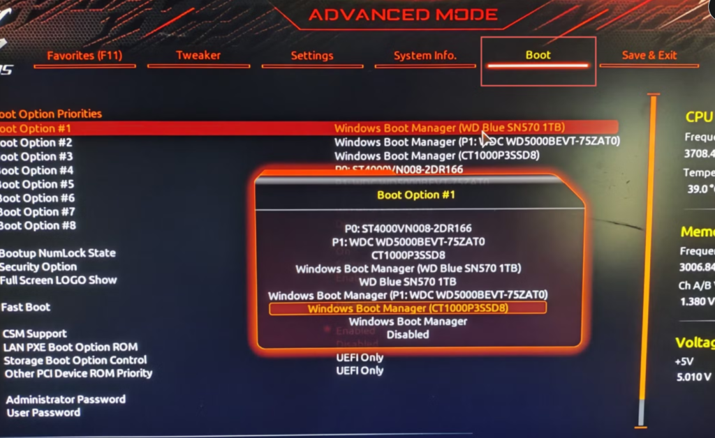 processo de formatação selecionando boot na bios